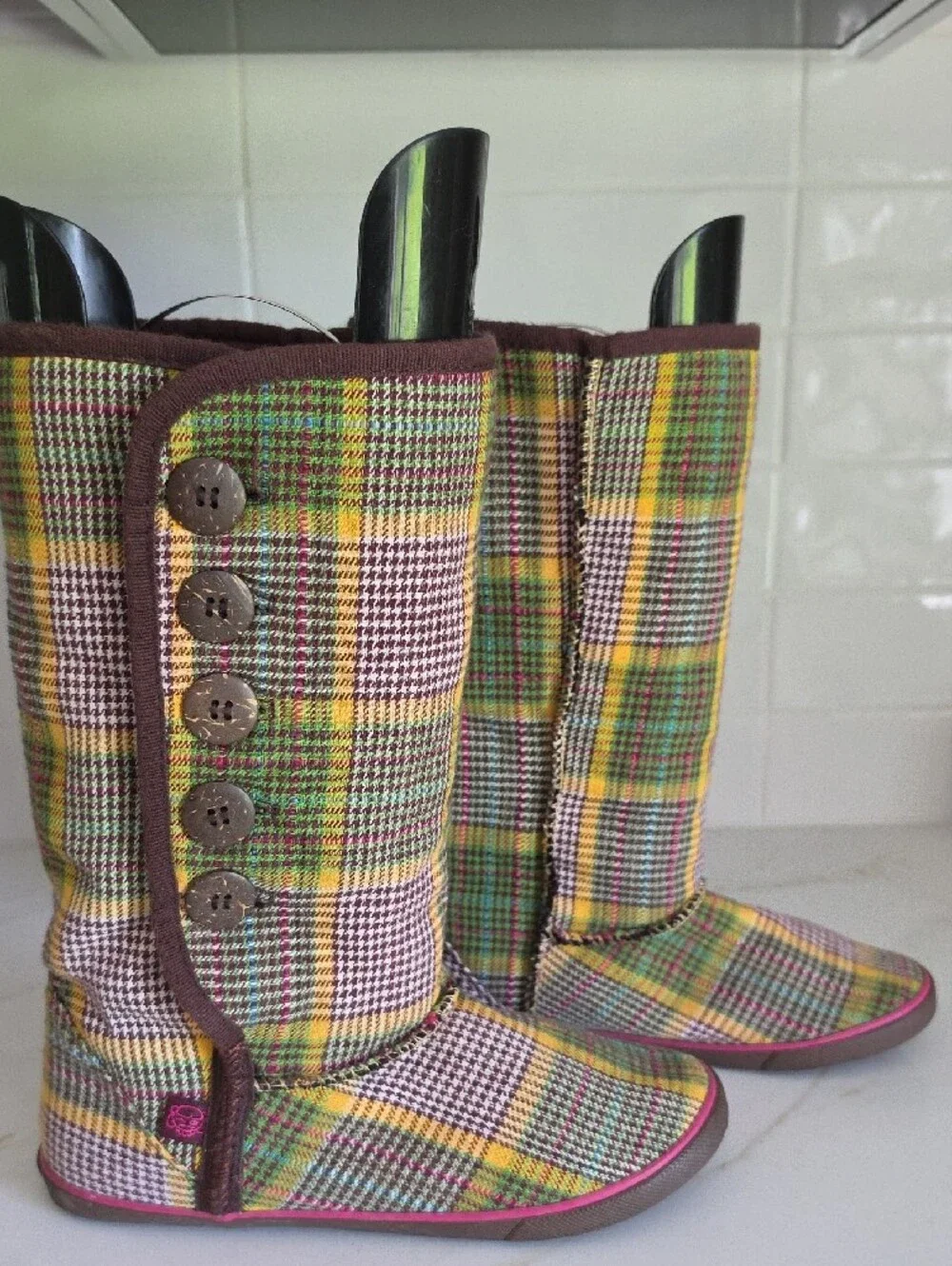 Sugar Brand Plaid Houndstooth Mid-Calf Winter Boots - Wood Buttons - Size 7